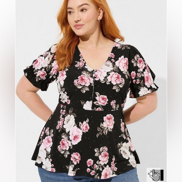 Torrid Pink Roses Babydoll Puff Sleeve Top 3 NWT - Picture 2 of 5